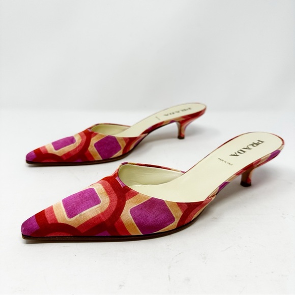 Prada Vintage Geometric Print Kitten Heel Mules Slip On Size 37 - Picture 1 of 9
